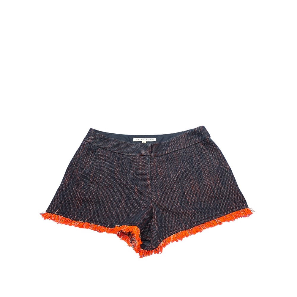 Trina Turk Navy Orange Tweed Fringe Hem Shorts Size 2 Mid Rise Summer Sexy Glam